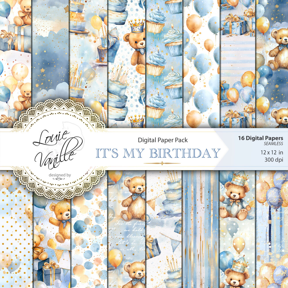 Kit Feliz Aniversário Azul Papéis Digitais Seamless (Sem Emenda