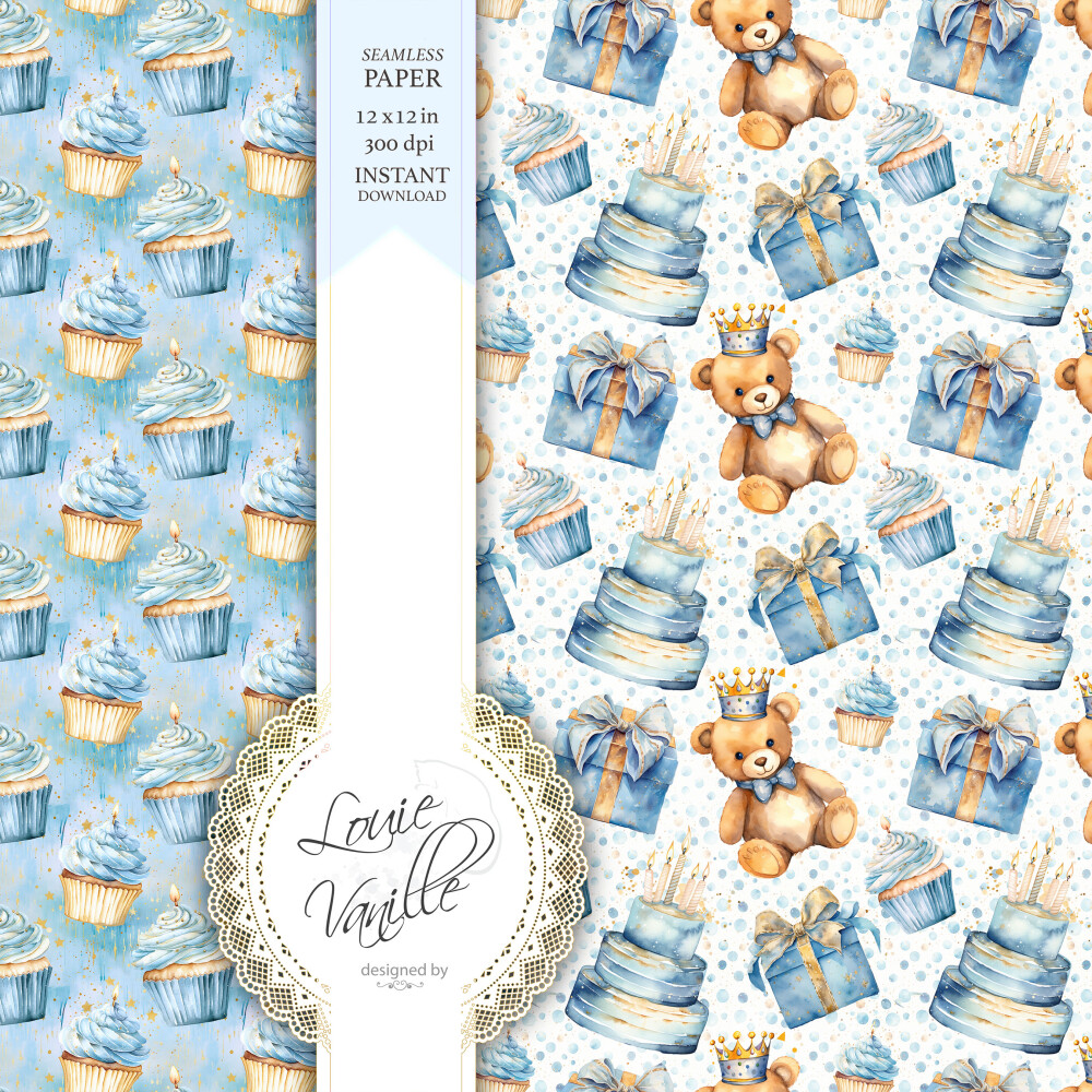 Kit Feliz Aniversário Azul Papéis Digitais Seamless (Sem Emenda