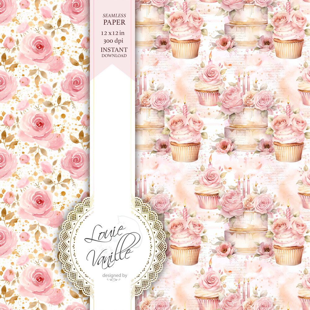 Kit Feliz Aniversário Cor de Rosa Papéis Digitais Seamless (Sem