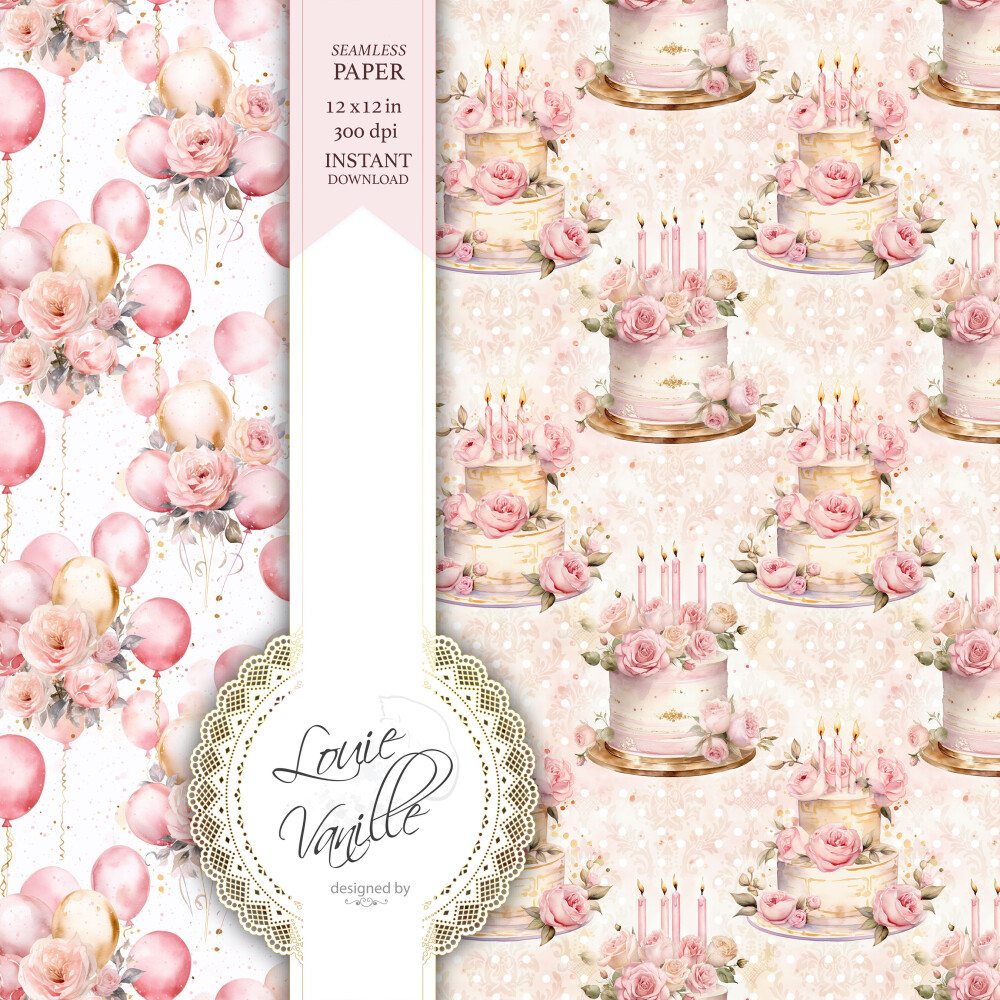 Kit Feliz Aniversário Cor de Rosa Papéis Digitais Seamless (Sem