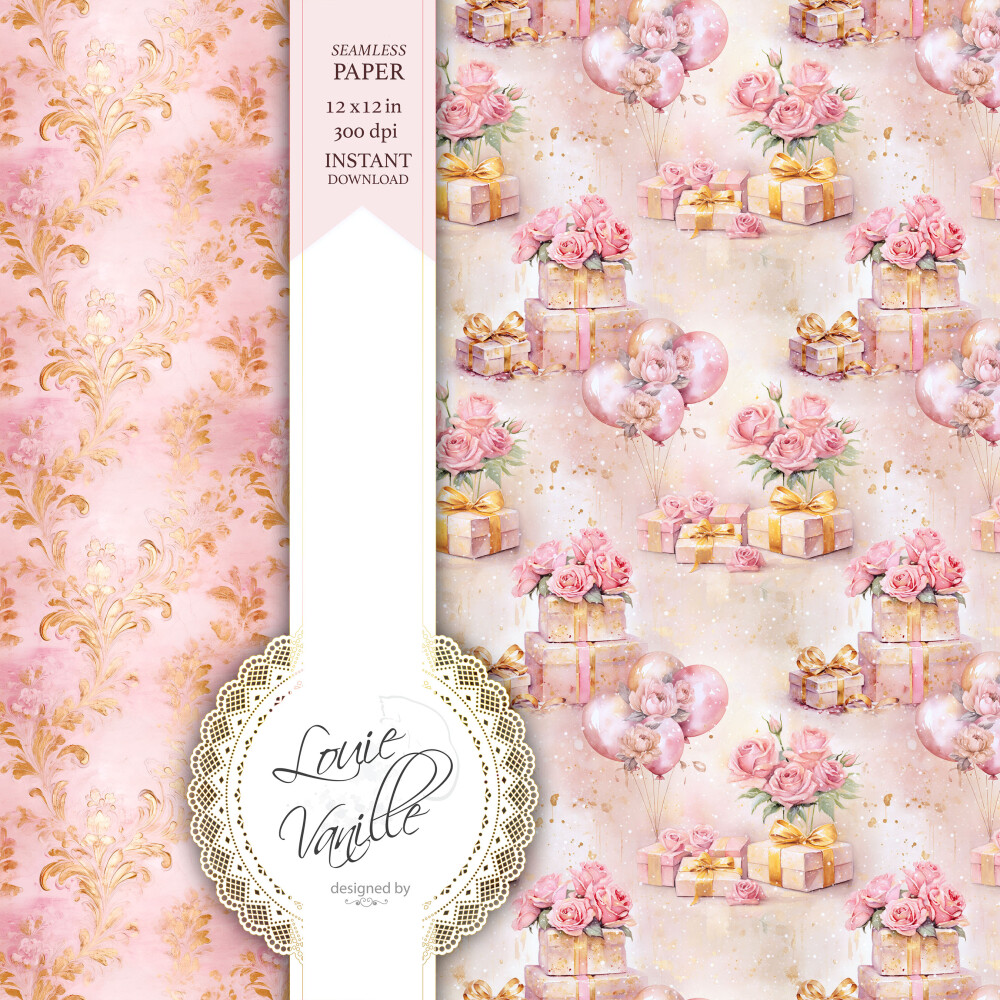 Kit Feliz Aniversário Cor de Rosa Papéis Digitais Seamless (Sem