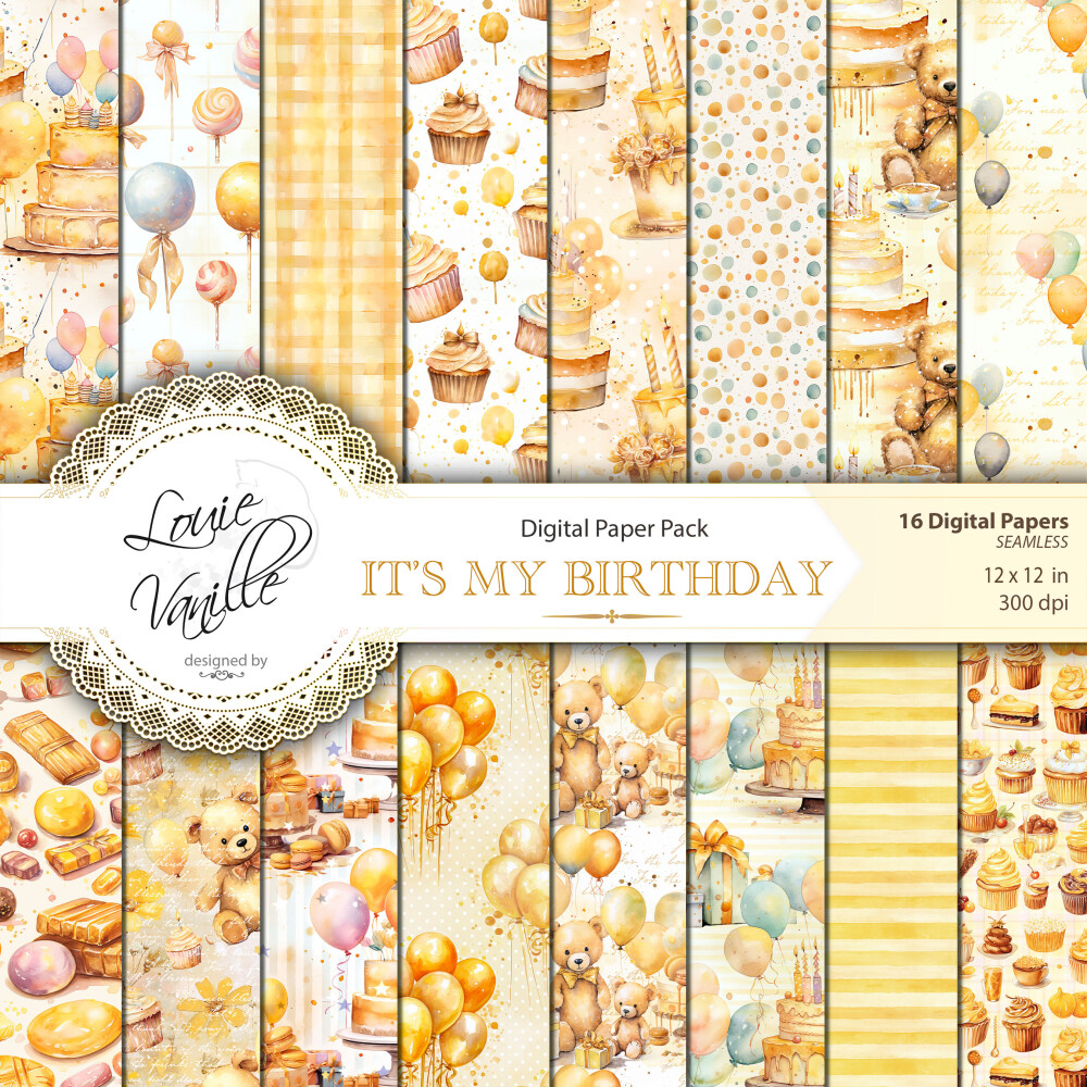 Kit Feliz Aniversário Amarelo Papéis Digitais Seamless (Sem Eme