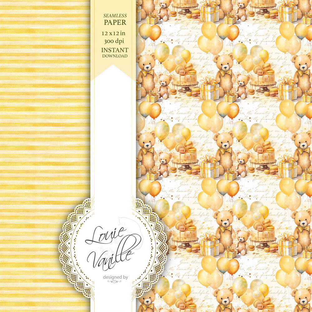 Kit Feliz Aniversário Amarelo Papéis Digitais Seamless (Sem Eme