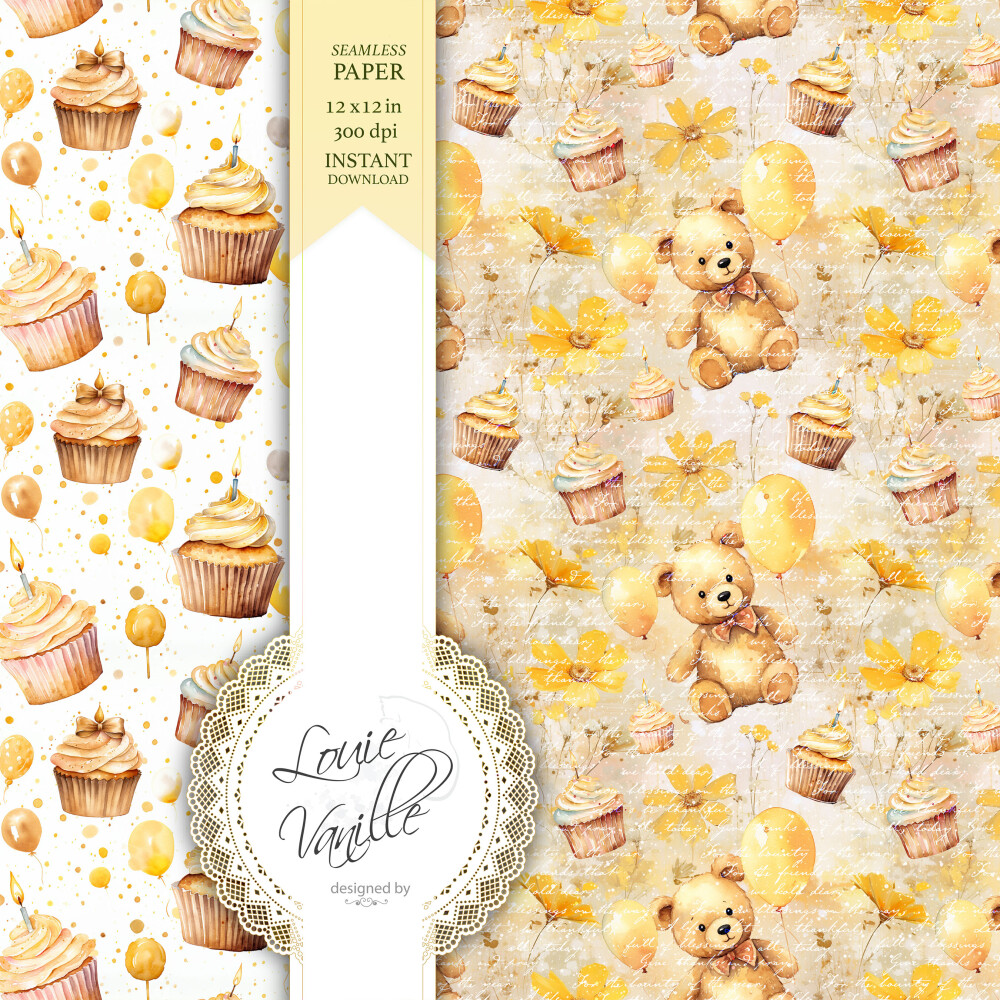 Kit Feliz Aniversário Amarelo Papéis Digitais Seamless (Sem Eme