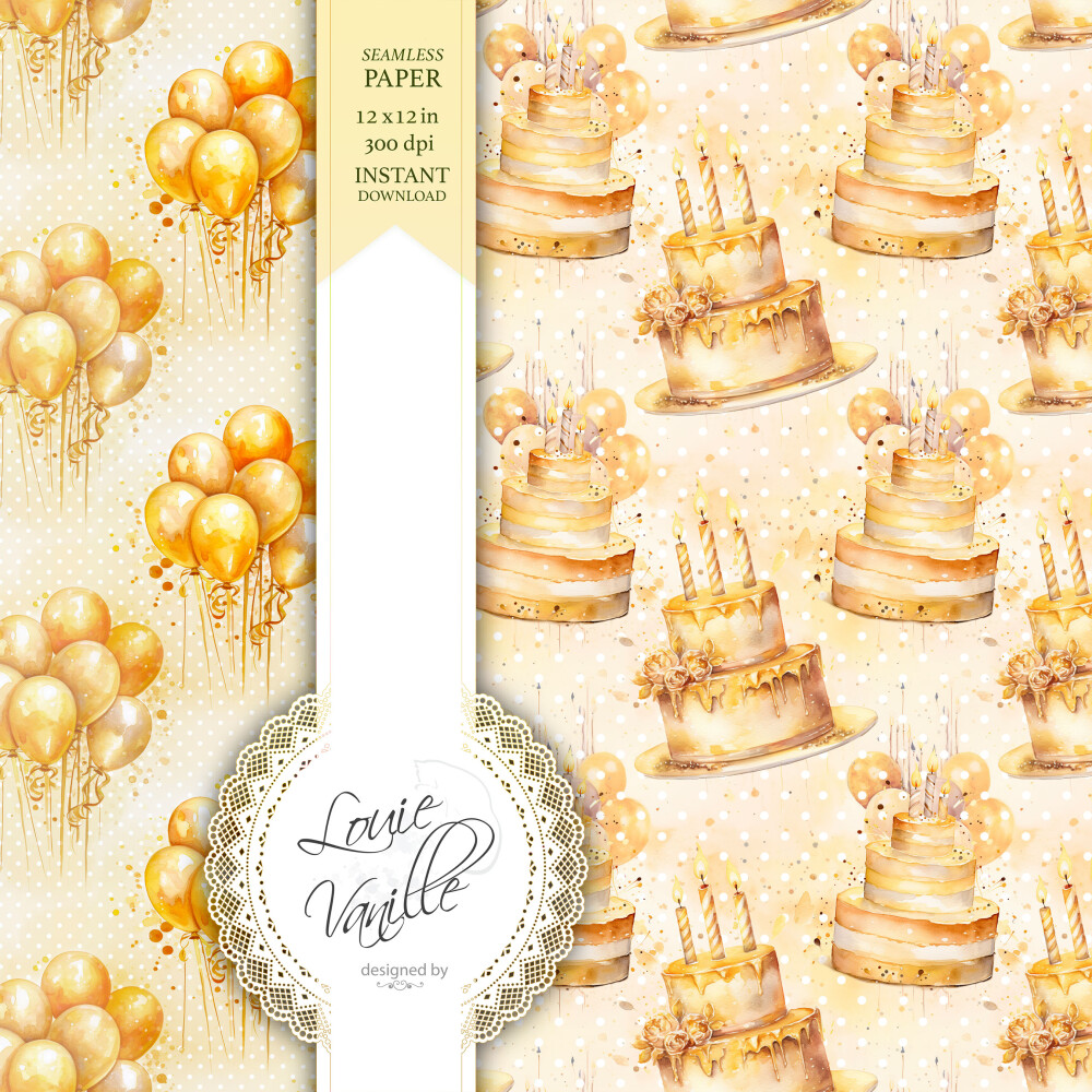 Kit Feliz Aniversário Amarelo Papéis Digitais Seamless (Sem Eme