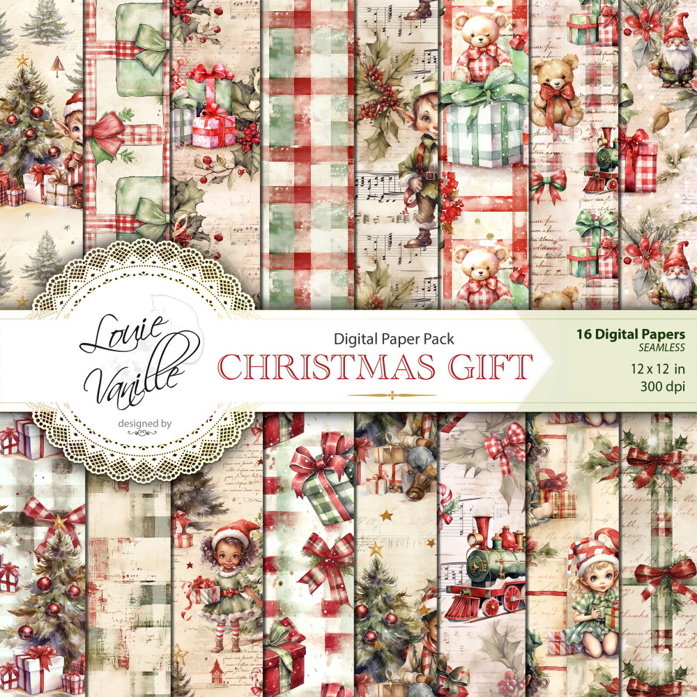 Kit Presente de Natal Vintage Papéis Digitais Seamless (Sem Emen