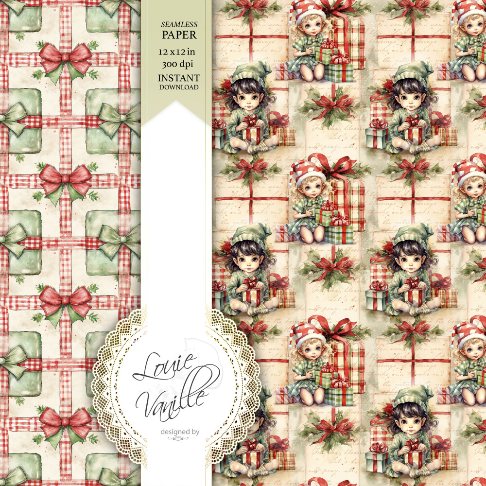 Kit Presente de Natal Vintage Papéis Digitais Seamless (Sem Emen