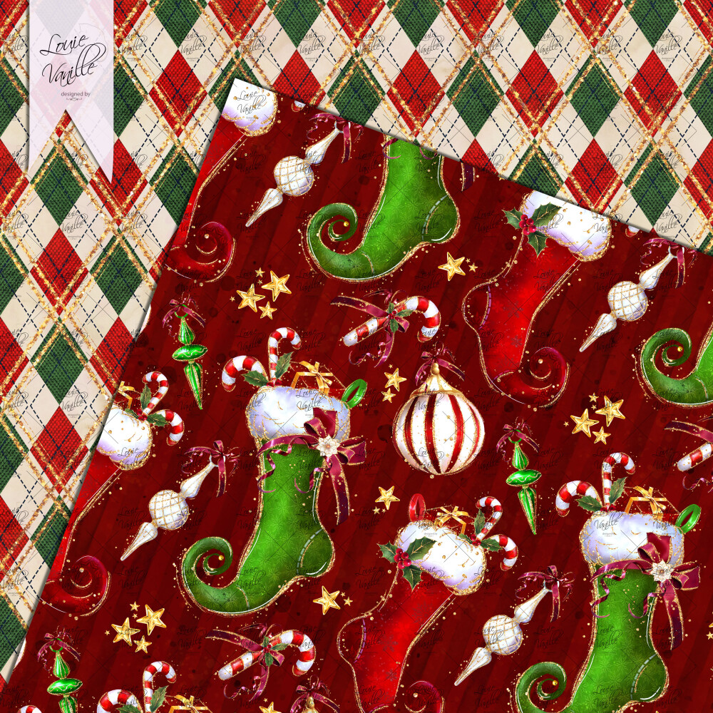 Kit Natal Tradicional com Glíter Papéis Digitais Seamless (Sem 