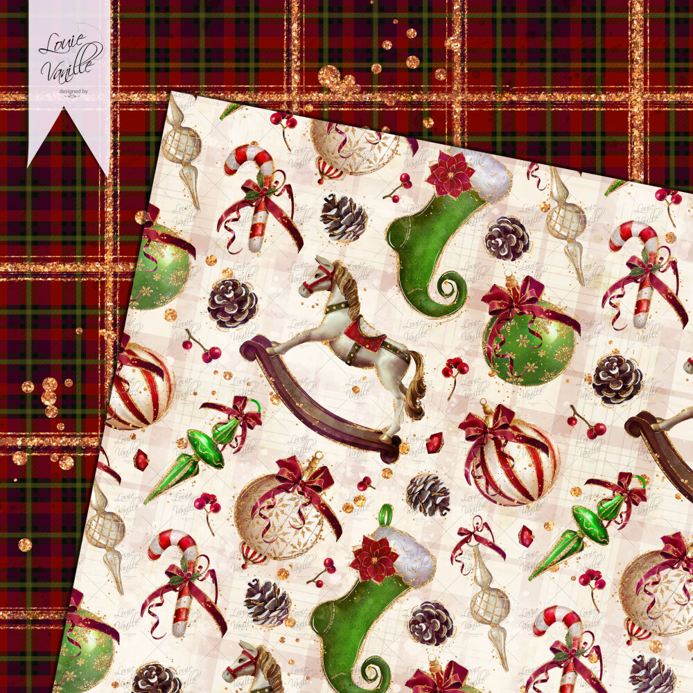 Kit Natal Tradicional com Glíter Papéis Digitais Seamless (Sem 