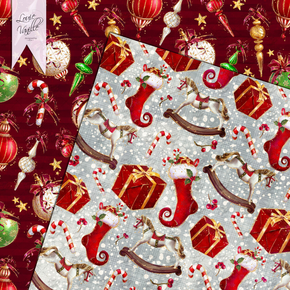 Kit Natal Tradicional com Glíter Papéis Digitais Seamless (Sem 