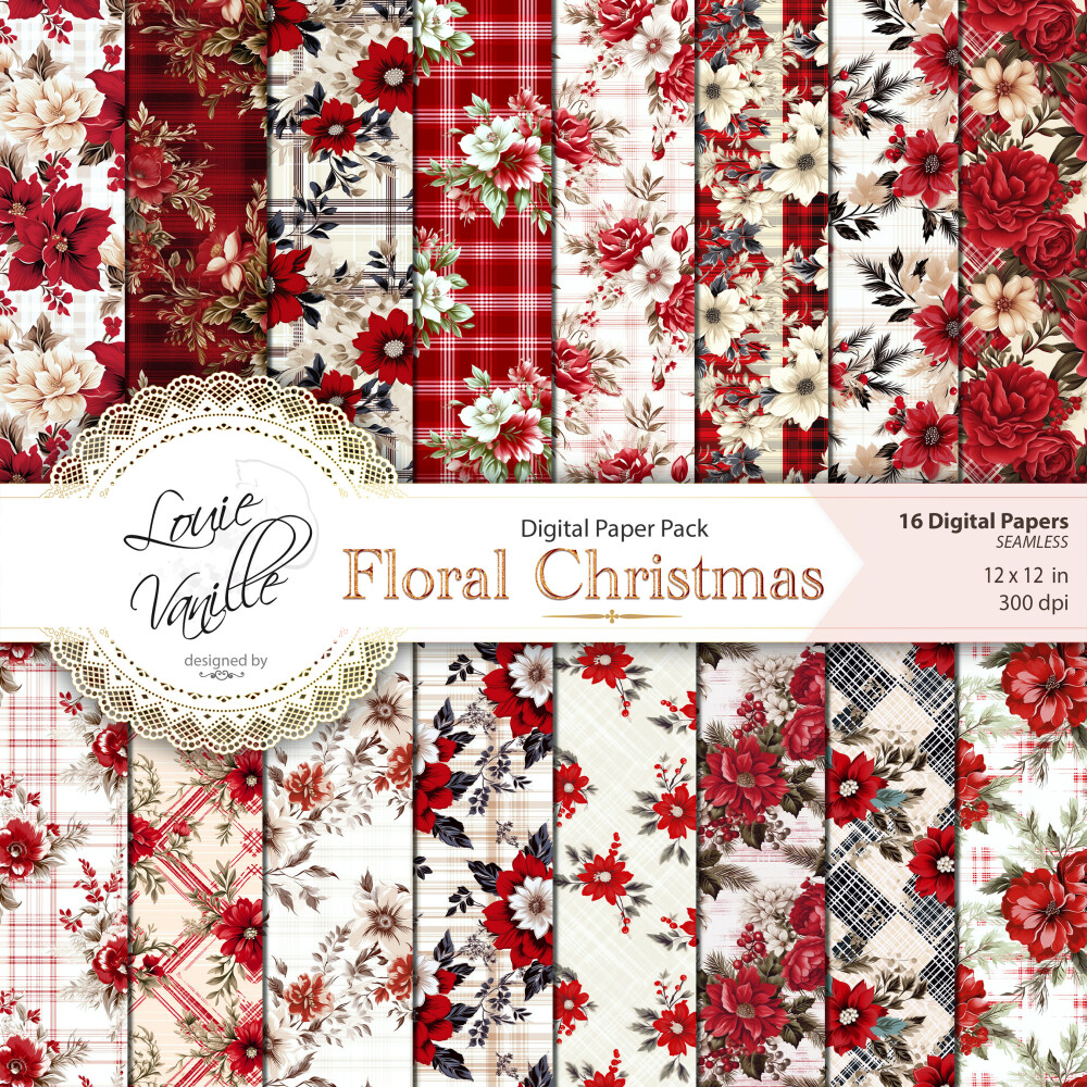 Kit Floral de Natal Papéis Digitais Seamless (Sem Emenda)