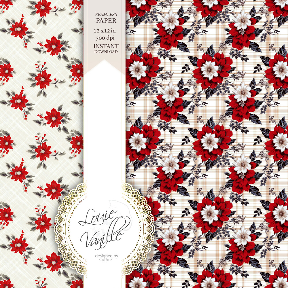 Kit Floral de Natal Papéis Digitais Seamless (Sem Emenda)