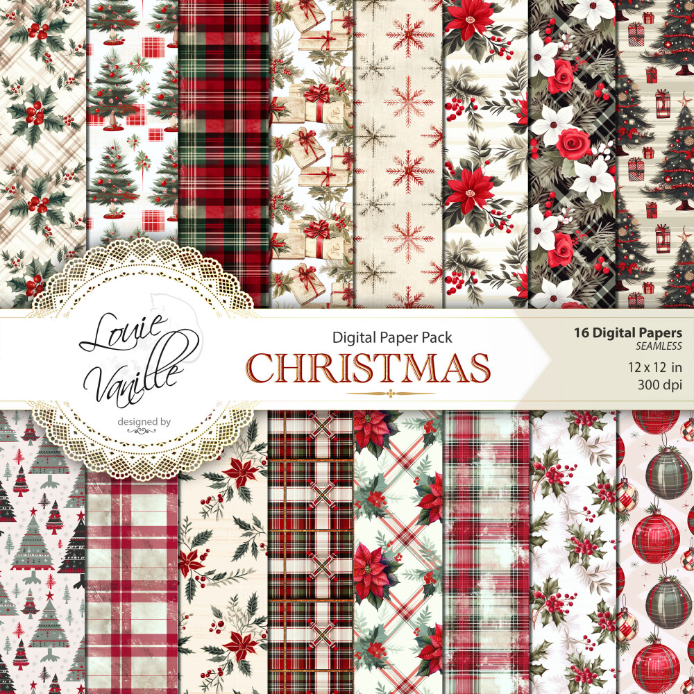 Kit Natal Vintage Vermelho Papéis Digitais Seamless (Sem Emenda)