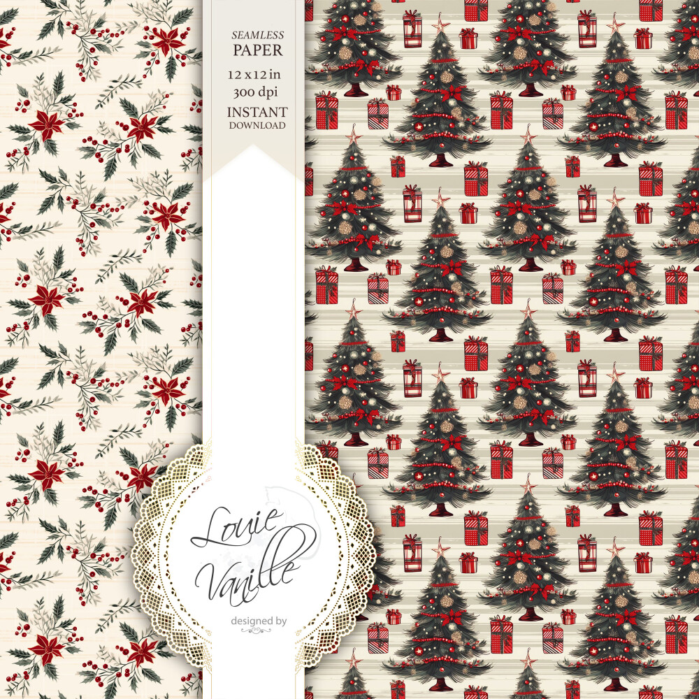 Kit Natal Vintage Vermelho Papéis Digitais Seamless (Sem Emenda)
