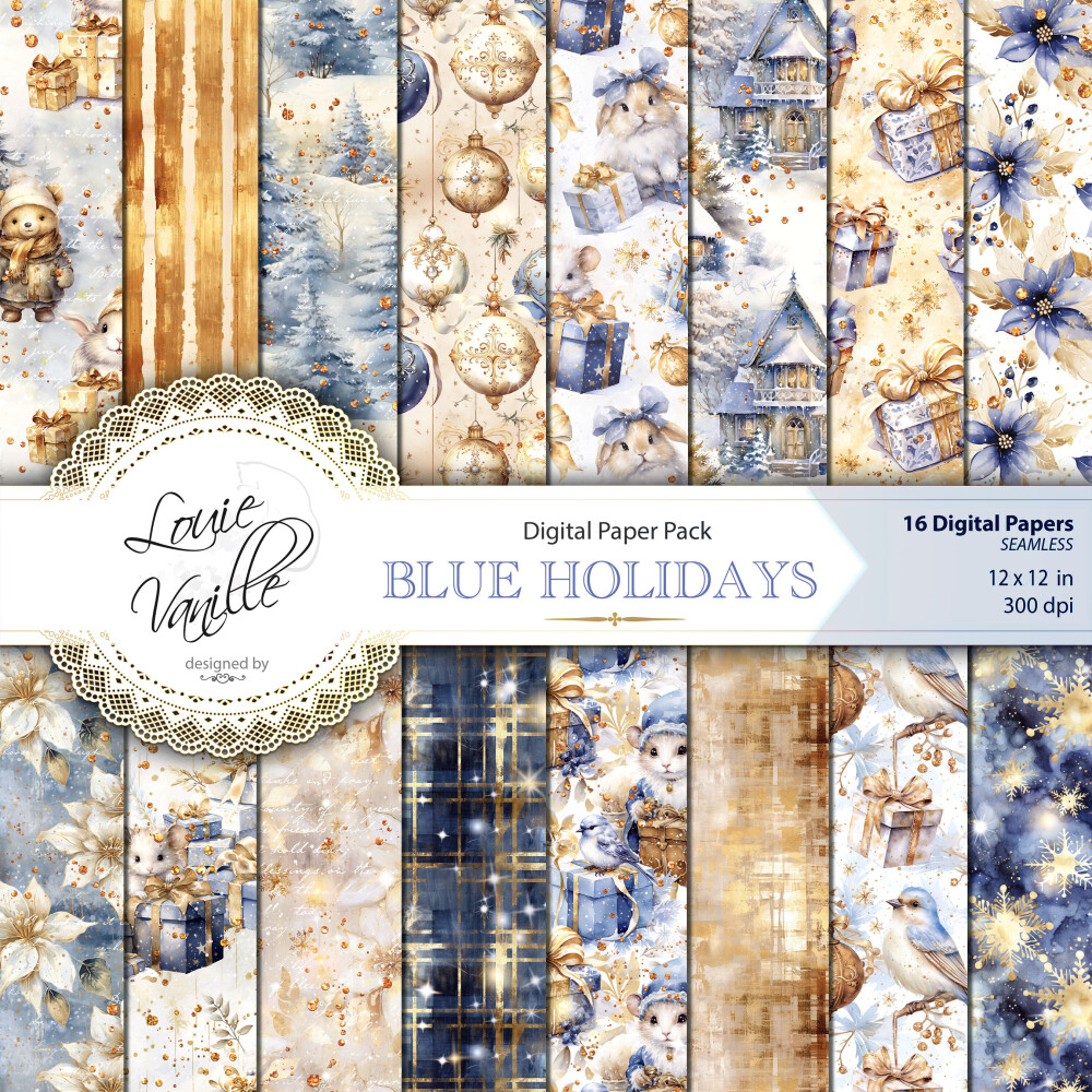 Kit Natal Dourado e Azul Papéis Digitais Seamless (Sem Emenda)