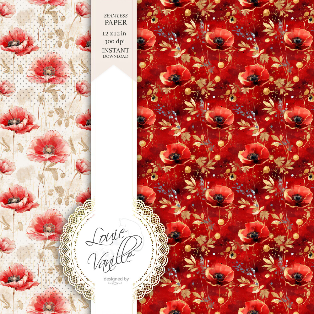 Kit Floral Papoulas Papéis Digitais Seamless (Sem Emenda)