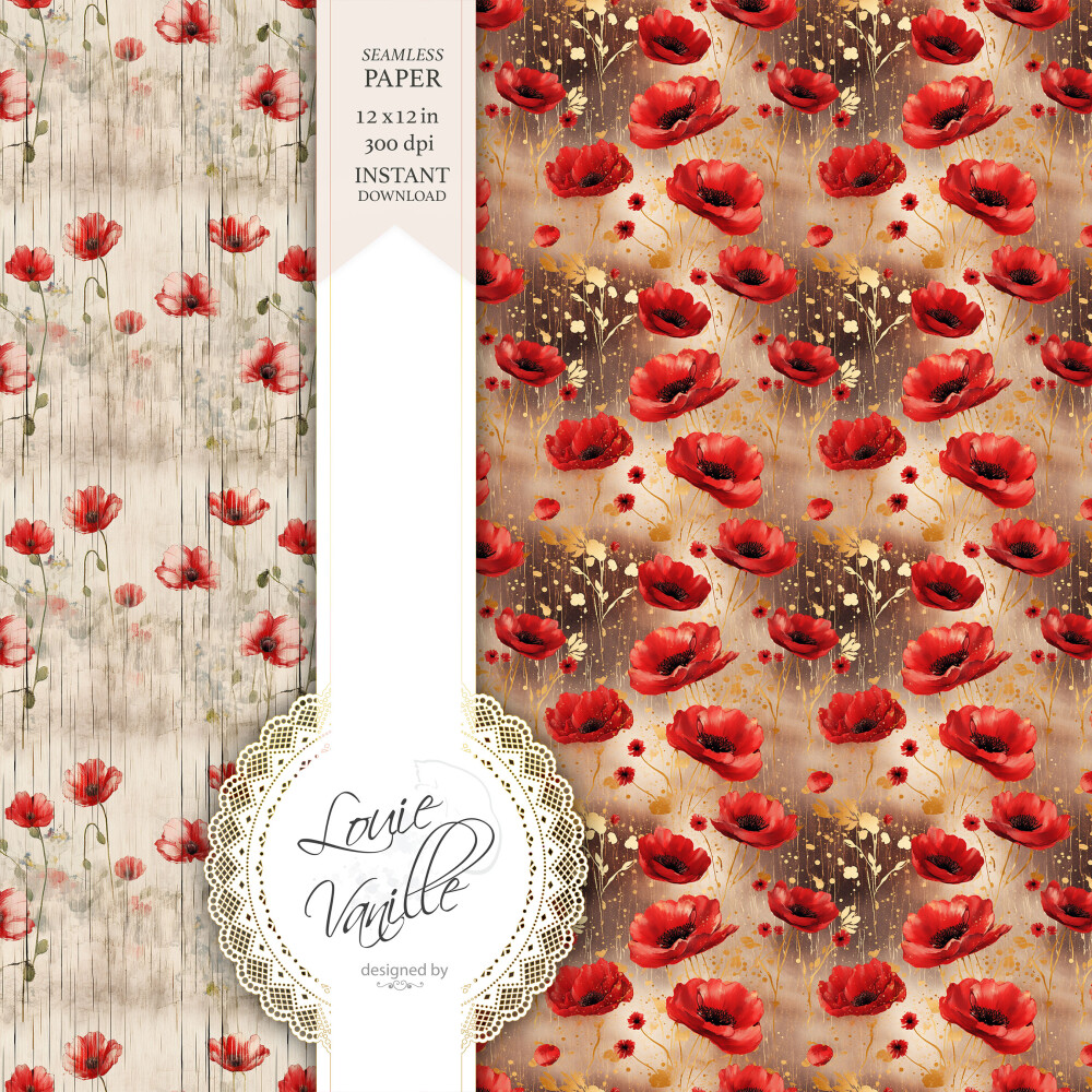 Kit Floral Papoulas Papéis Digitais Seamless (Sem Emenda)