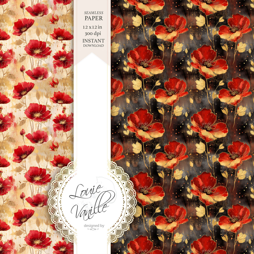 Kit Floral Papoulas Papéis Digitais Seamless (Sem Emenda)