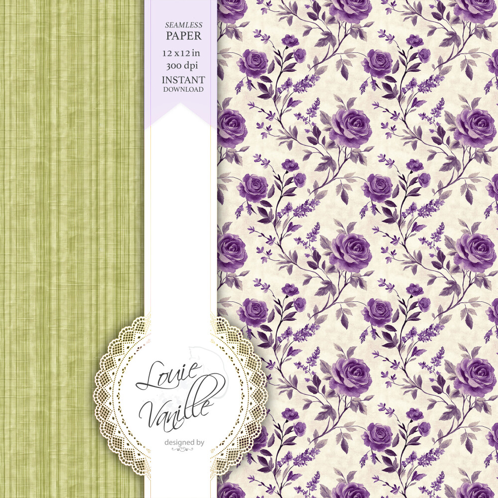 Kit Floral Campo de Flores Verde e Roxo Papéis Digitais Seamless