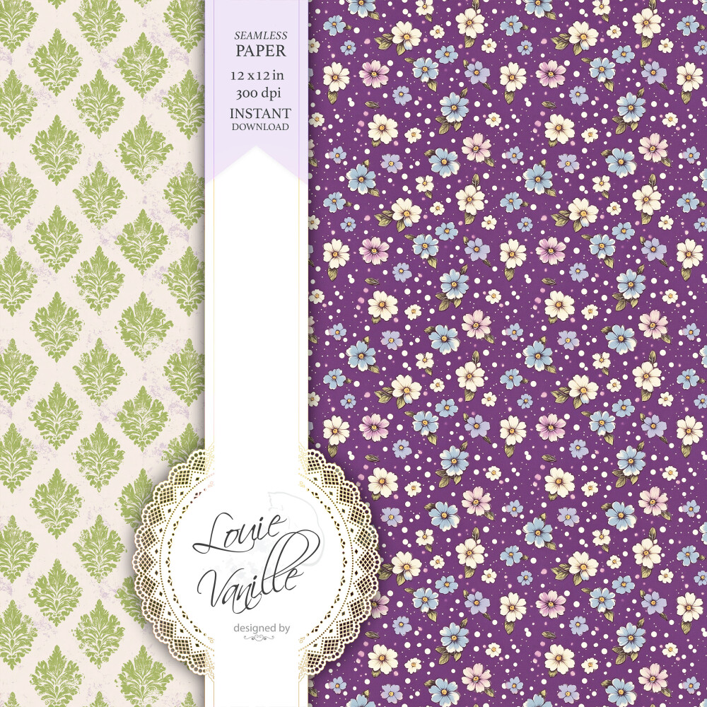 Kit Floral Campo de Flores Verde e Roxo Papéis Digitais Seamless