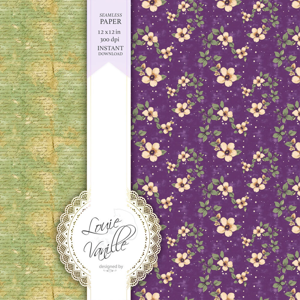 Kit Floral Campo de Flores Verde e Roxo Papéis Digitais Seamless