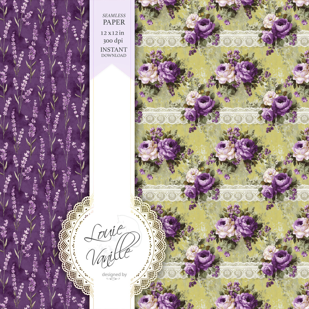 Kit Floral Campo de Flores Verde e Roxo Papéis Digitais Seamless