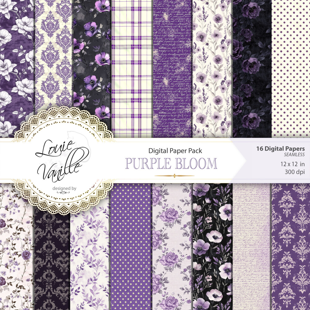 Kit Floral Roxo Vintage Papéis Digitais Seamless (Sem Emenda)