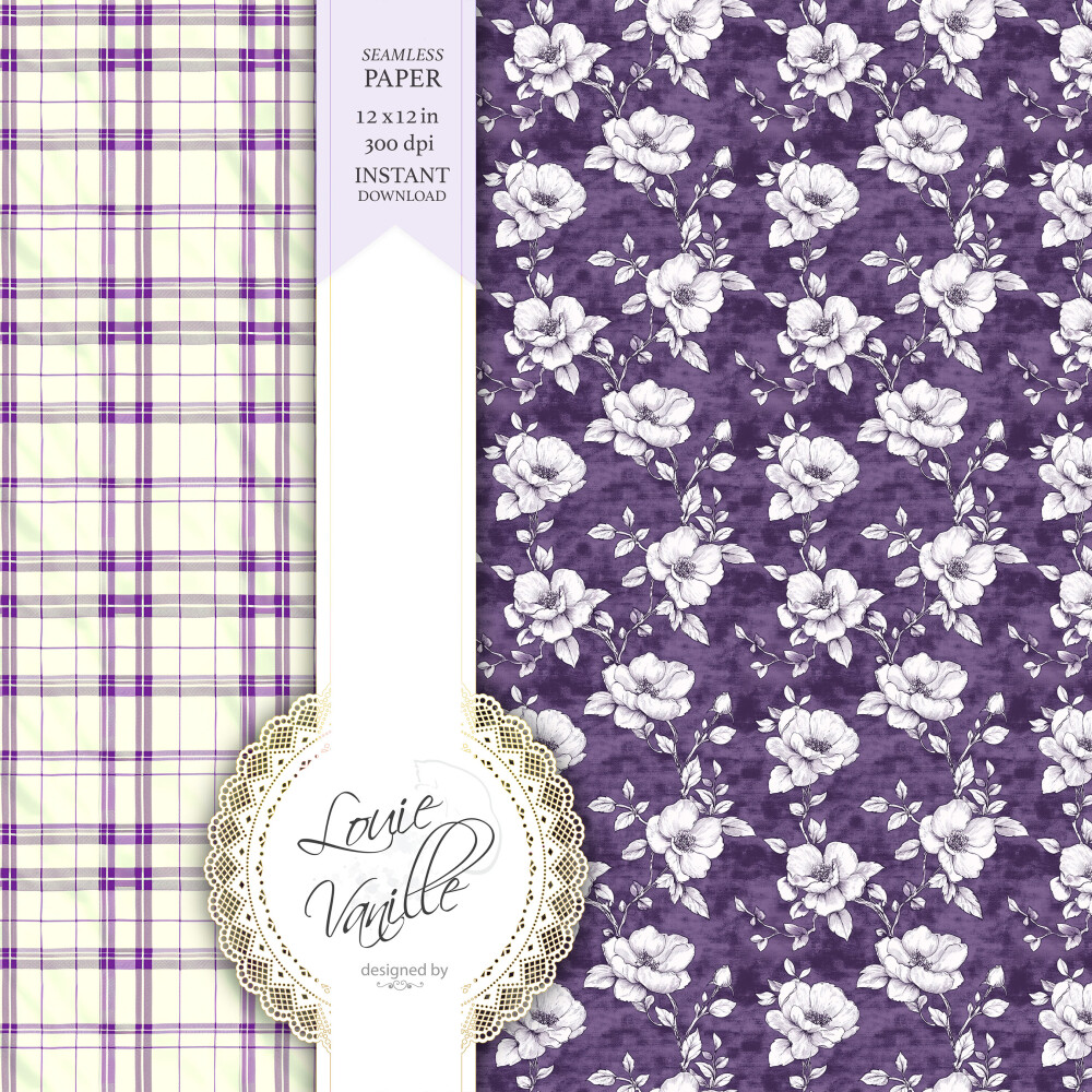 Kit Floral Roxo Vintage Papéis Digitais Seamless (Sem Emenda)