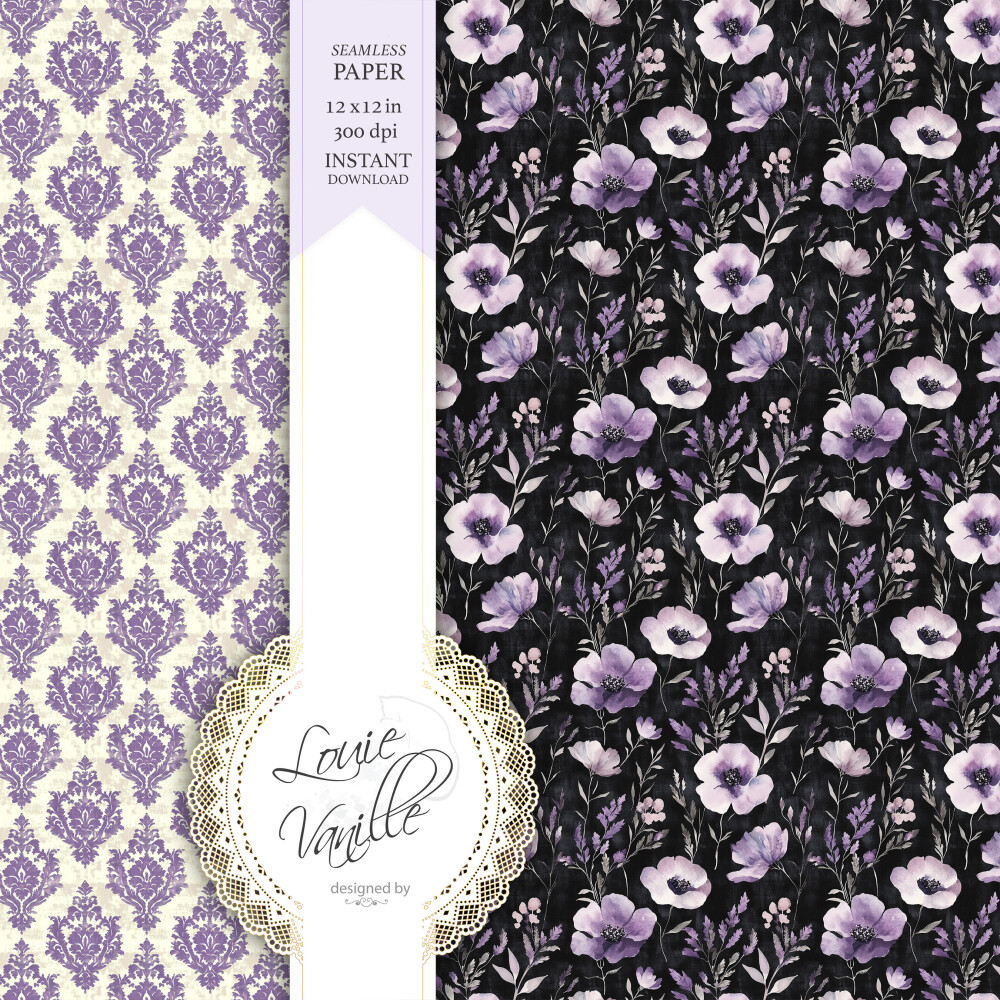 Kit Floral Roxo Vintage Papéis Digitais Seamless (Sem Emenda)
