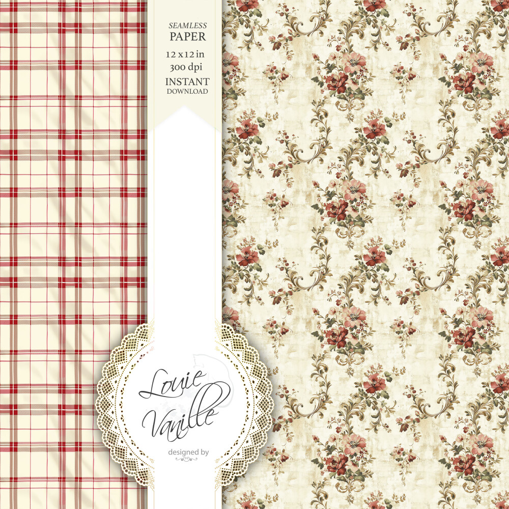 Kit Floral Vintage Vermelho Papéis Digitais Seamless (Sem Emenda