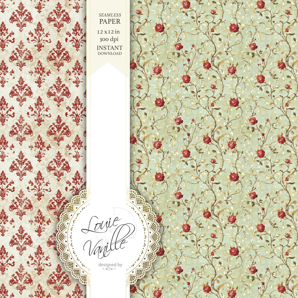 Kit Floral Vintage Vermelho Papéis Digitais Seamless (Sem Emenda