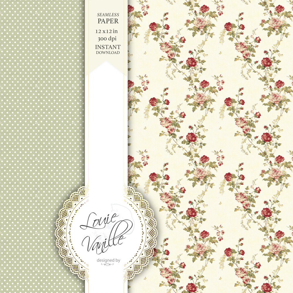 Kit Floral Vintage Vermelho Papéis Digitais Seamless (Sem Emenda