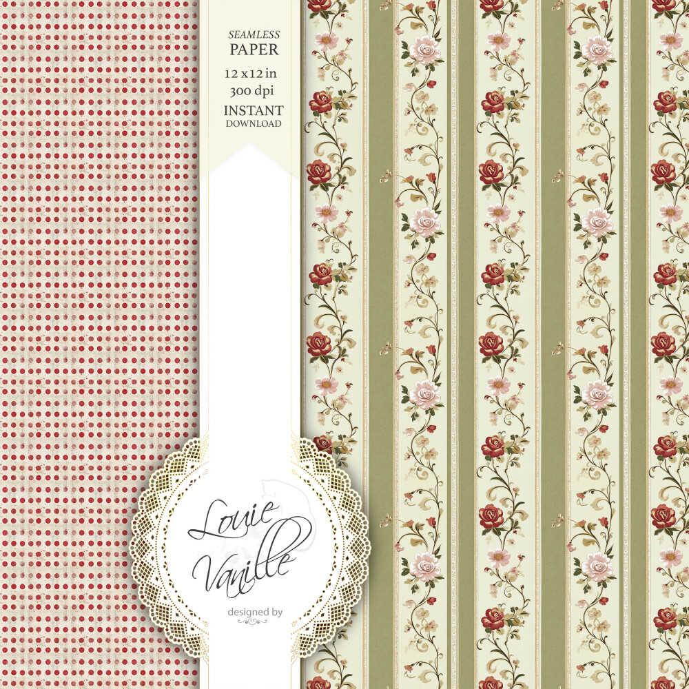 Kit Floral Vintage Vermelho Papéis Digitais Seamless (Sem Emenda