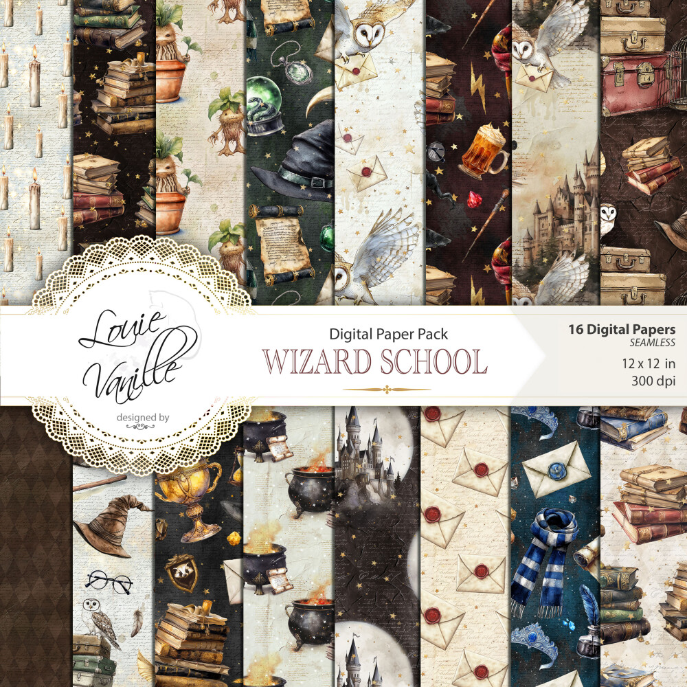 Kit Escola de Magia e Bruxaria Papéis Digitais Seamless (Sem Eme