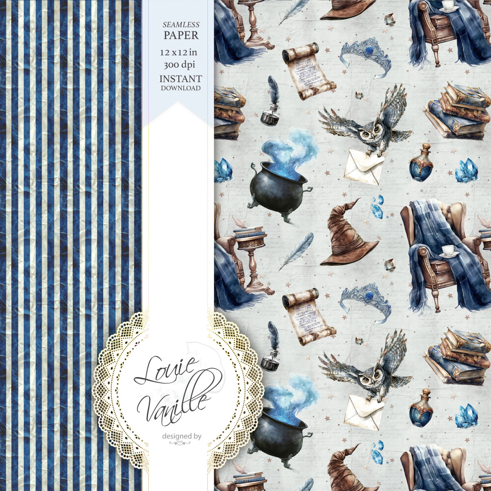 Kit Escola de Magia e Bruxaria Azul Papéis Digitais Seamless (Se