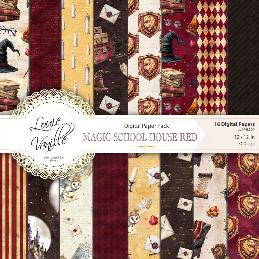 Kit Escola de Magia e Bruxaria Vermelho Papéis Digitais Seamless