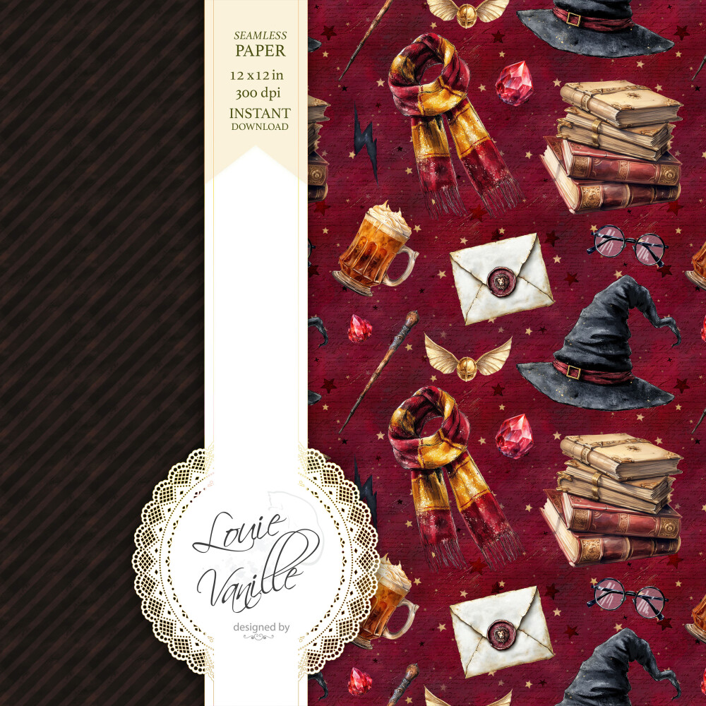 Kit Escola de Magia e Bruxaria Vermelho Papéis Digitais Seamless