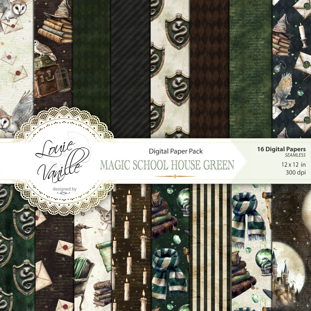 Kit Escola de Magia e Bruxaria Verde Papéis Digitais Seamless (S