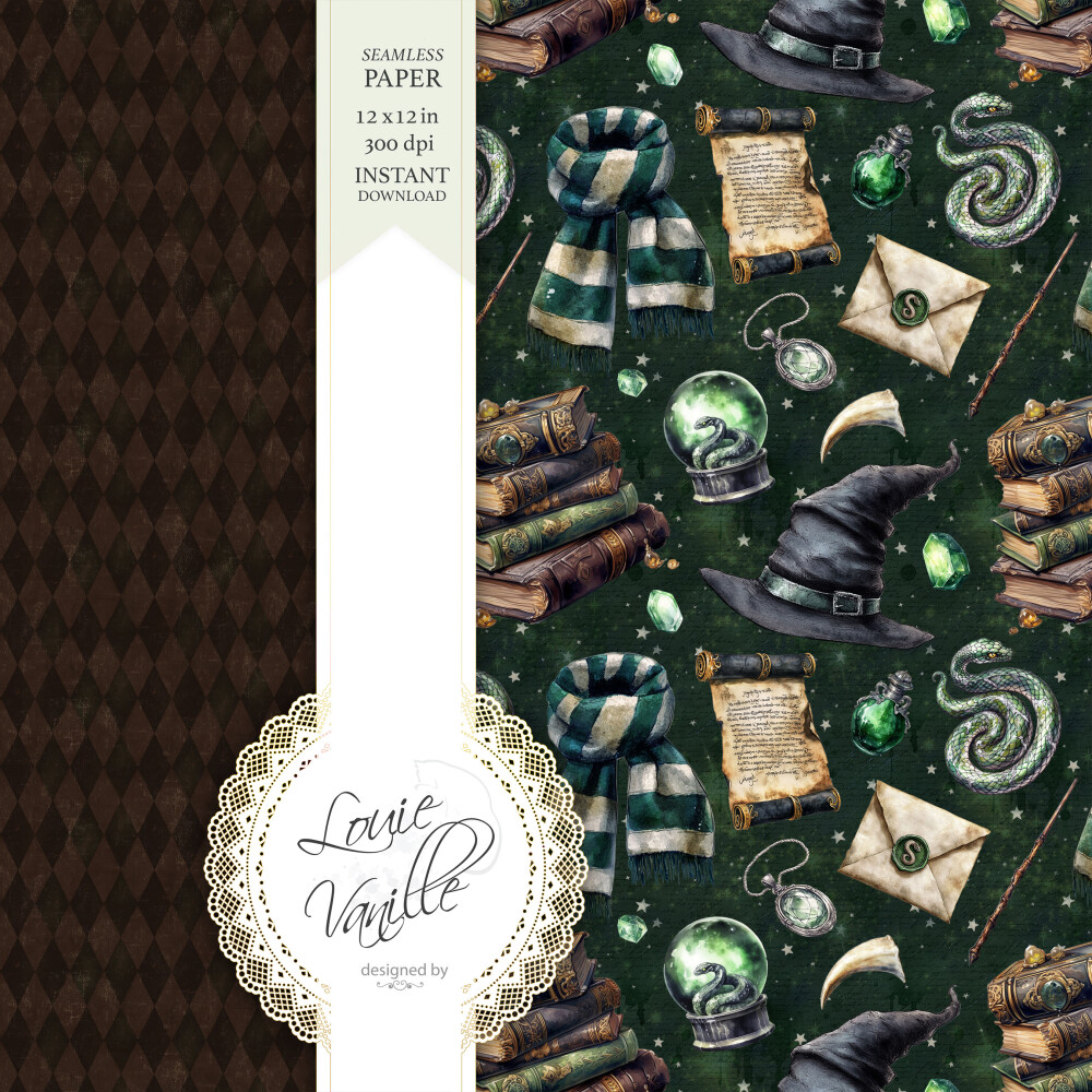 Kit Escola de Magia e Bruxaria Verde Papéis Digitais Seamless (S