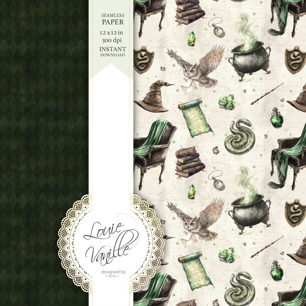 Kit Escola de Magia e Bruxaria Verde Papéis Digitais Seamless (S