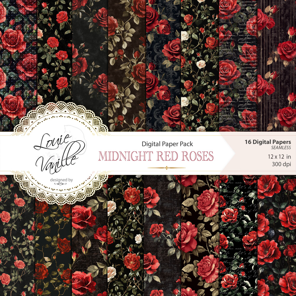 Kit Rosas Vermelhas Fundo Preto Papéis Digitais Seamless (Sem Em