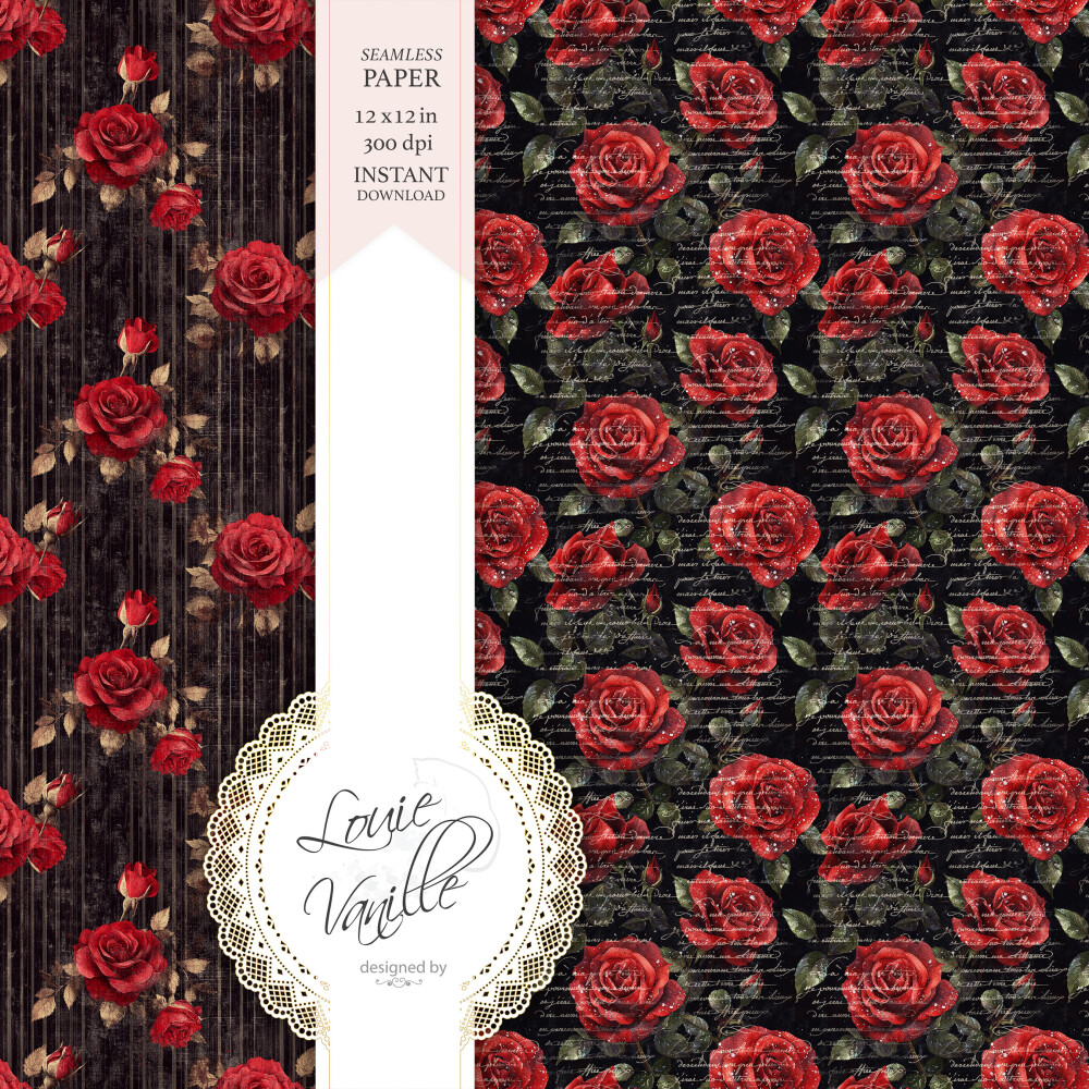Kit Rosas Vermelhas Fundo Preto Papéis Digitais Seamless (Sem Em