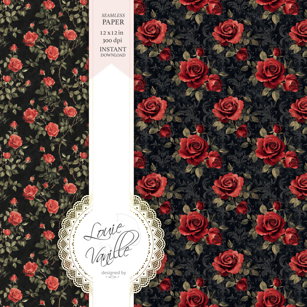 Kit Rosas Vermelhas Fundo Preto Papéis Digitais Seamless (Sem Em