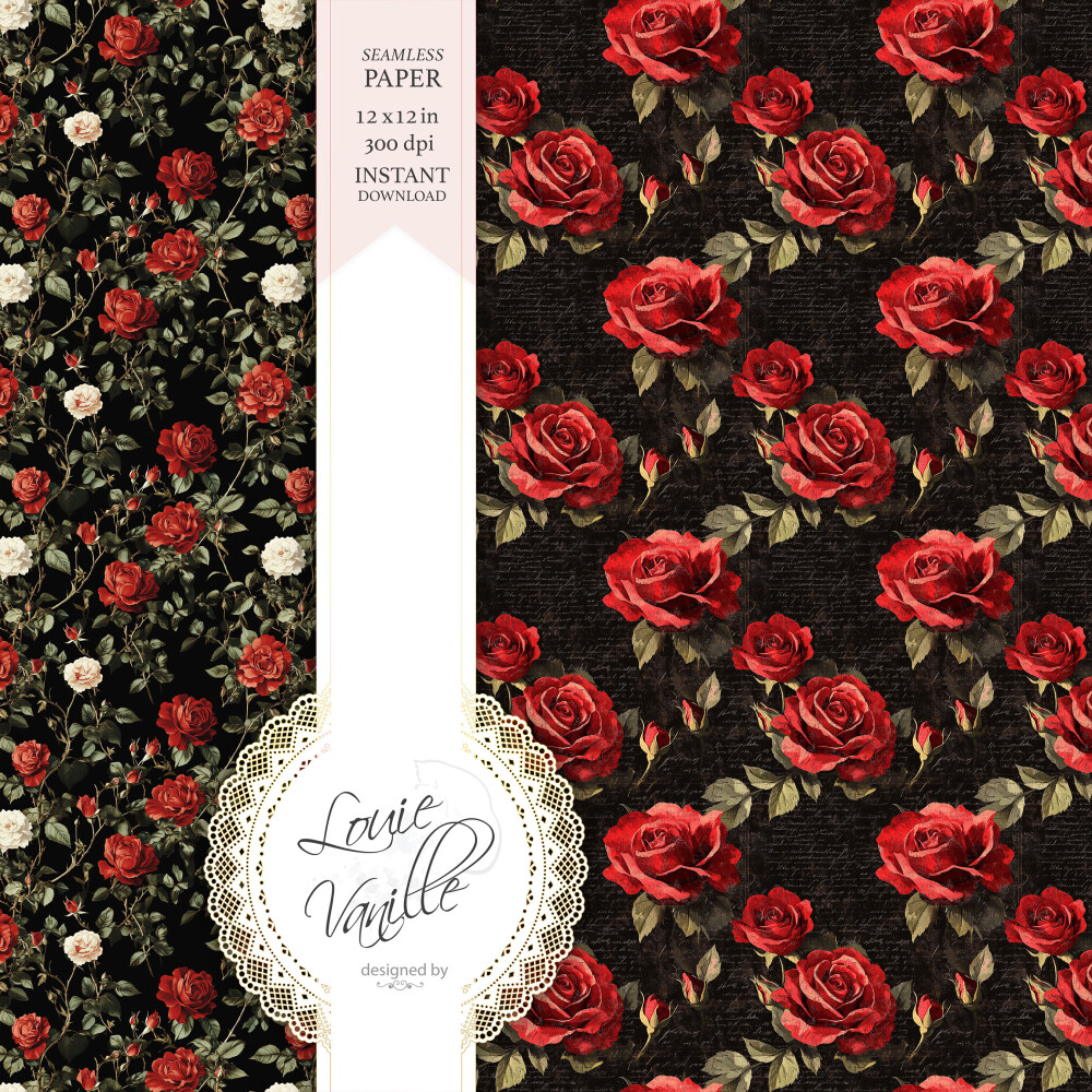 Kit Rosas Vermelhas Fundo Preto Papéis Digitais Seamless (Sem Em