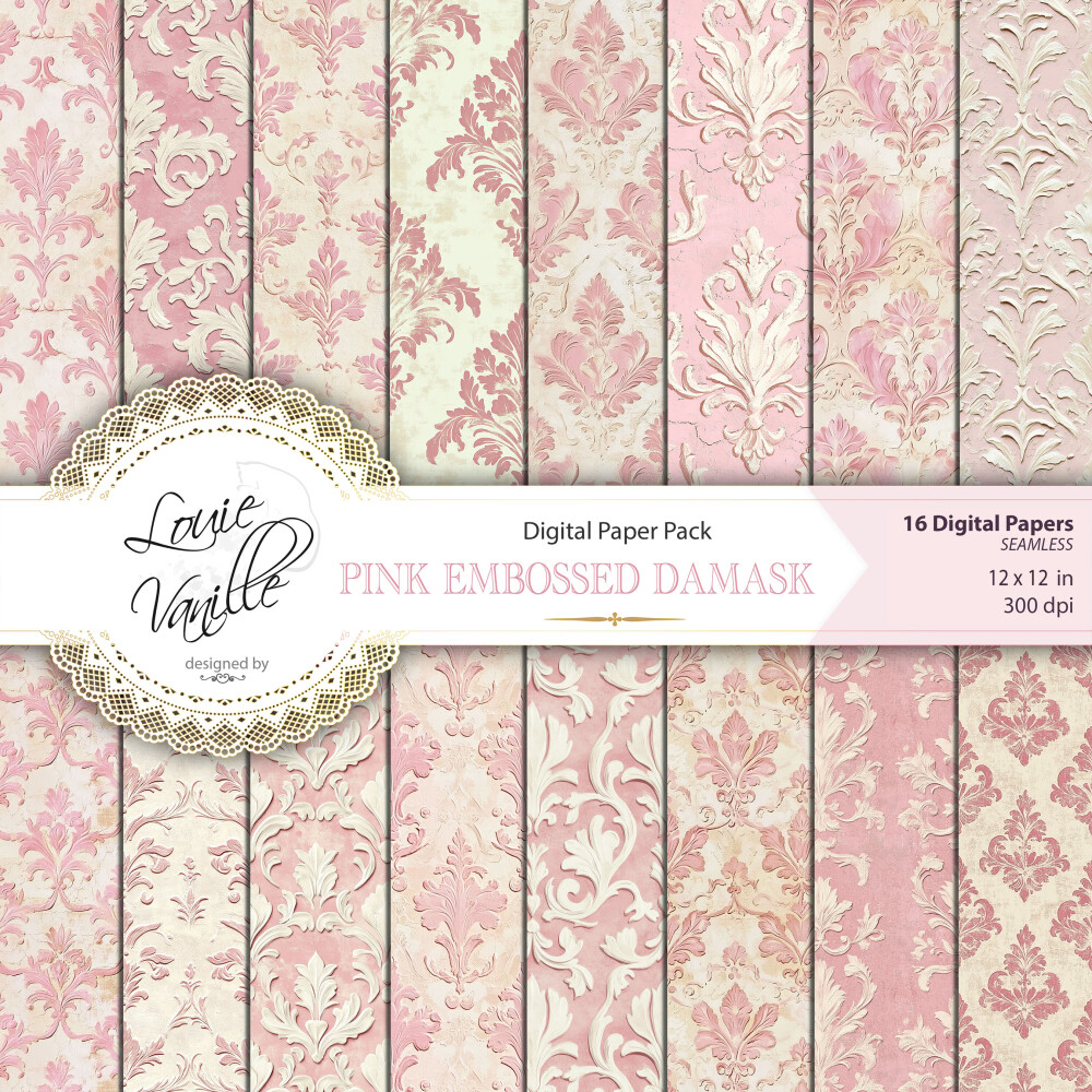 Kit Arabesco Rosa Vintage em Relevo Papéis Digitais Seamless (Se