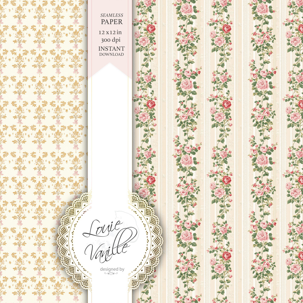 Kit Jardim de Rosas Cottage Vintage Papéis Digitais Seamless (Se