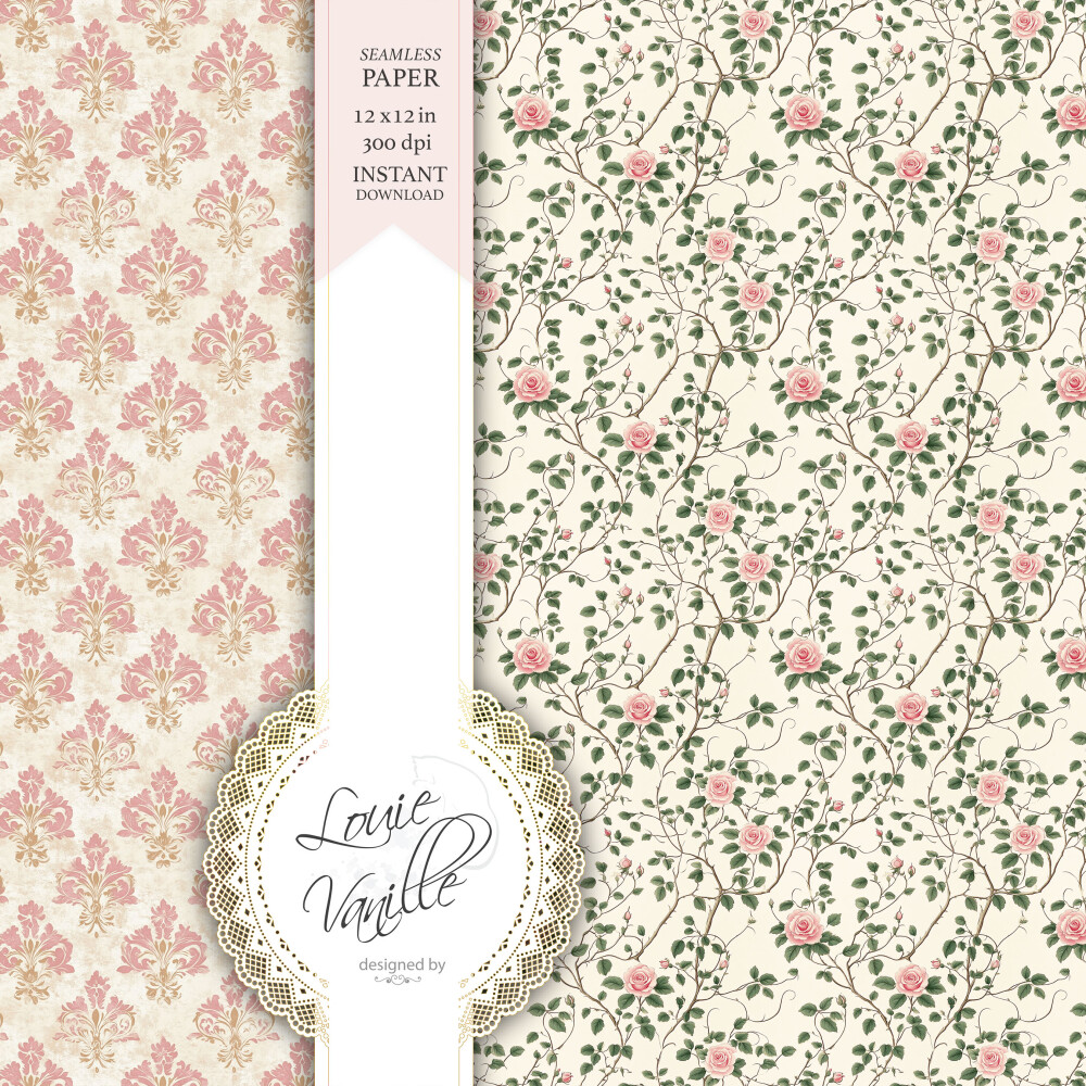 Kit Jardim de Rosas Cottage Vintage Papéis Digitais Seamless (Se