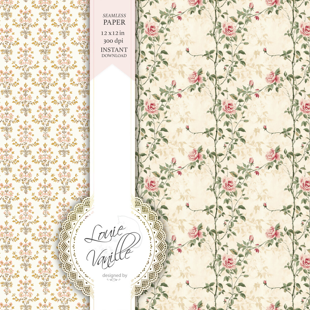 Kit Jardim de Rosas Cottage Vintage Papéis Digitais Seamless (Se