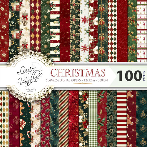 Kit Natal Vintage 100 Papéis Digitais Seamless (Sem Emenda)