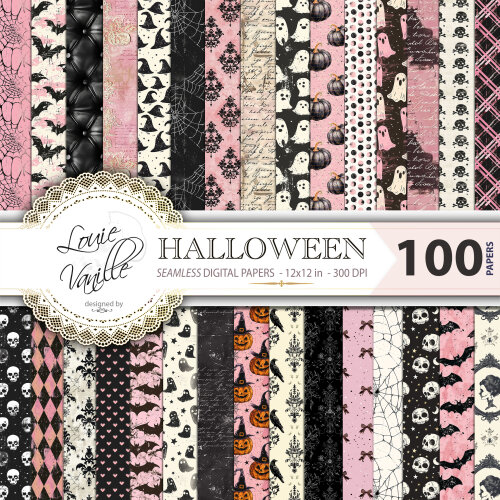 Halloween Cor de Rosa Vintage 100 Papéis Digitais Seamless (Sem Emenda)